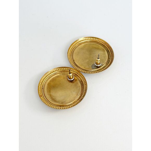 Vintage Button Style Round Earrings Gold Tone Black Enamel - Picture 2 of 3